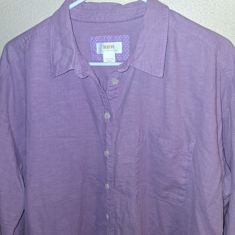 Maeve By Anthropologie Lilac Linen Blend Butyon Down Oversized Top M - Picture 3 of 7